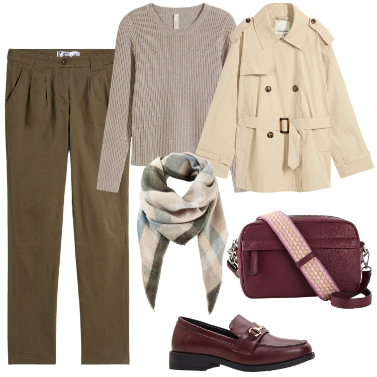 Outfit donna - Arriva l\'autunno. Stile Urban per Tutti i giorni. Abbinamento con sciarpe, pantaloni chino, maglieria, mocassini, trench, borse a tracolla.