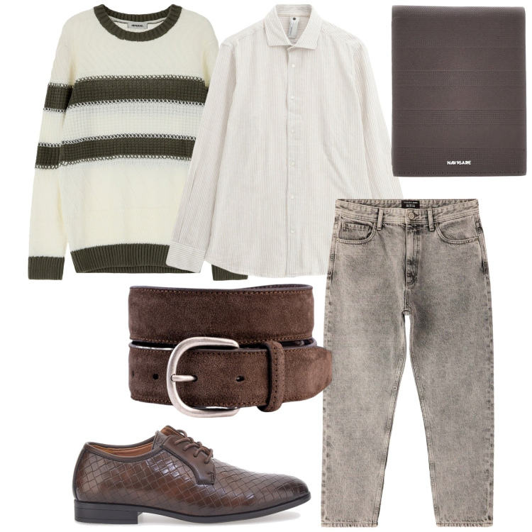 Outfit uomo - Total look #2244901. Stile Urban per Tutti i giorni. Abbinamento con jeans dritti, maglieria, camicie, cinture, scarpe stringate, portafogli.