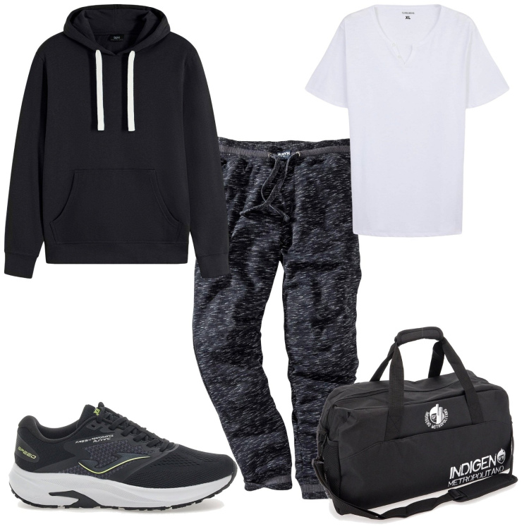 Outfit uomo - Total look #2244905. Stile Trendy per Sport. Abbinamento con pantaloni, felpe con cappuccio, t-shirt, borse sportive, sneakers.