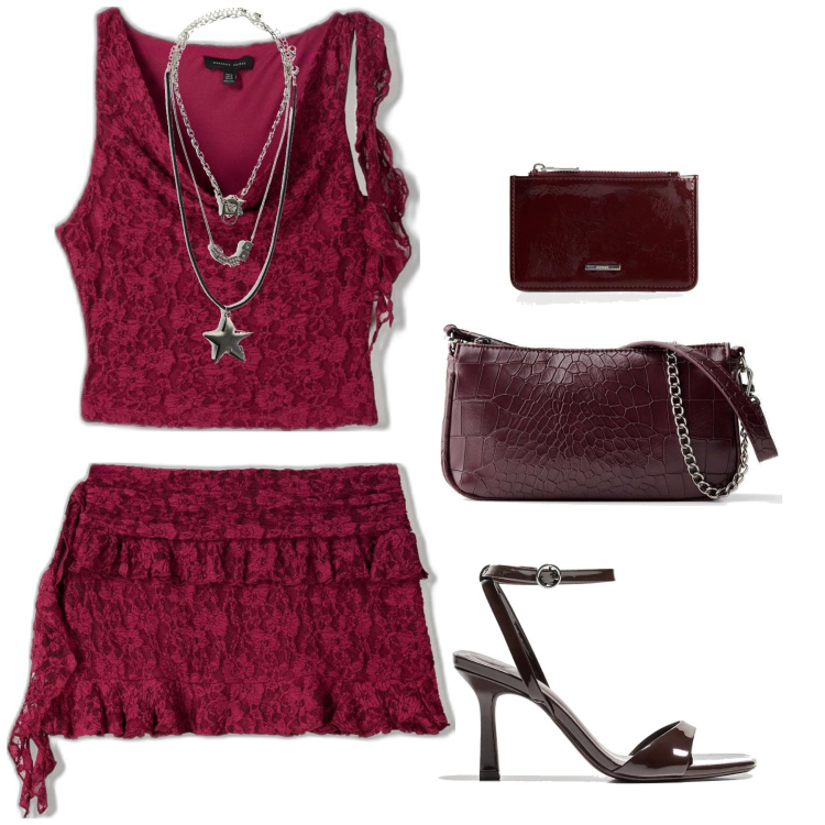 Outfit mujer - Sexy #912. Estilo Sexy para Noche/Fiesta elegante. Combinación con top, faldas, bolsos de mano, collares, sandalias de tacón, monederos.