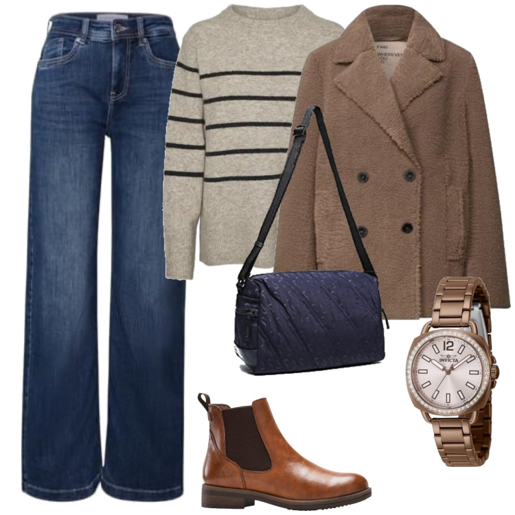 Outfit femme - Amélie. Style Casual pour Tous les jours. Assortir avec boots, caban, jeans, sacs en bandoulière, pulls, montres.