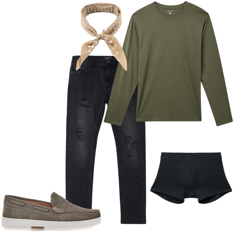 Outfit uomo - Maglia verde oliva e jeans scuri. Stile Casual per Tutti i giorni. Abbinamento con jeans strappati, t-shirt, boxer, sciarpe e foulard, scarpe stringate.