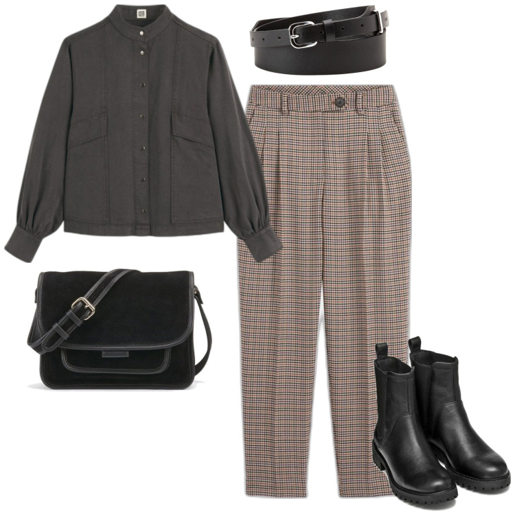 Outfit mujer - Mannish #670. Estilo Mannish para Todos los días. Combinación con bandoleras, botines chelsea, camisas, cinturones, pantalones.