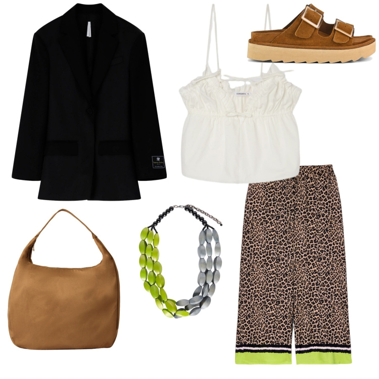 Outfit donna - Ricordo d\'estate. Stile Casual per Tutti i giorni. Abbinamento con canottiere, borse a mano, blazer, pantaloni, collane, sandali in pelle.