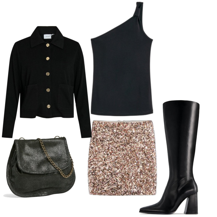Outfit mujer - Chic #10324. Estilo Chic para Noche/Fiesta elegante. Combinación con blazers, botas, minifaldas, bolsos de mano, camisetas sin mangas.