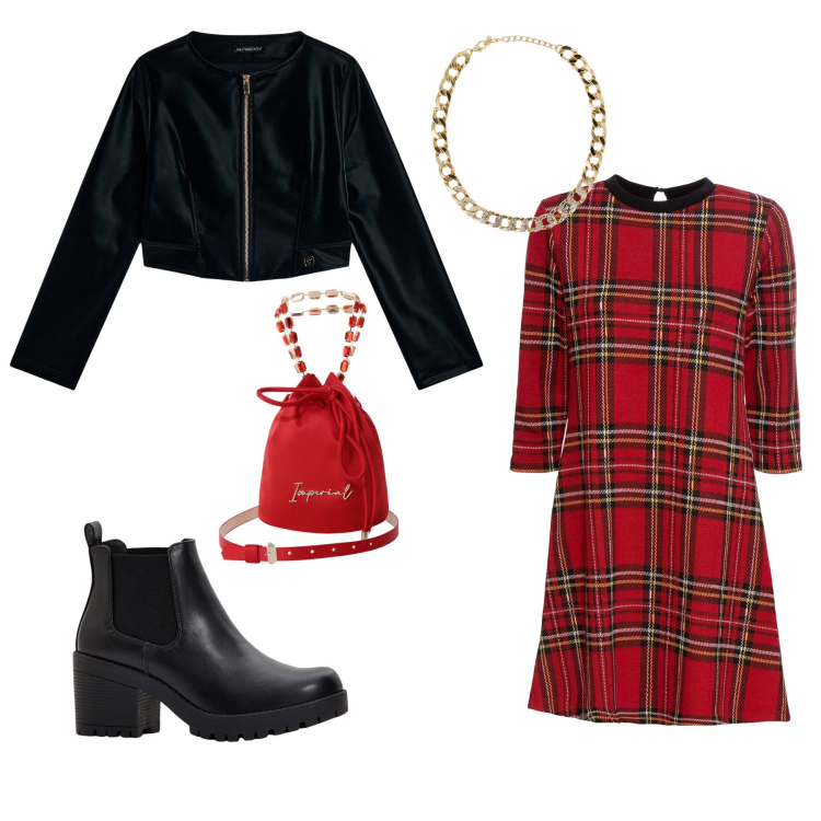 Outfit donna - Scozia mon Amour. Stile Casual per Tutti i giorni. Abbinamento con stivaletti chelsea, vestiti corti, collane, borse a secchiello, blazer.