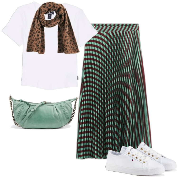 Outfit mujer - Sporty chic #3065. Estilo Sporty chic para Todos los días. Combinación con sneakers, camiseta, bandoleras, faldas largas, bufandas.