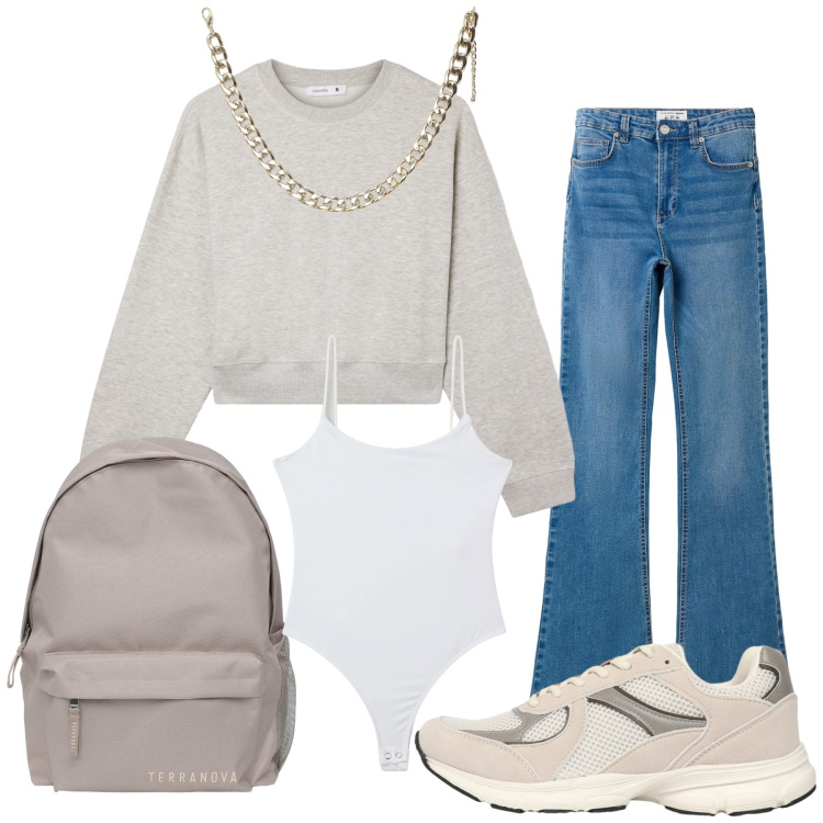Outfit donna - Terranova comodità. Stile Sporty chic per Tutti i giorni. Abbinamento con jeans a zampa, sneakers, felpe, collane, body, zaini.