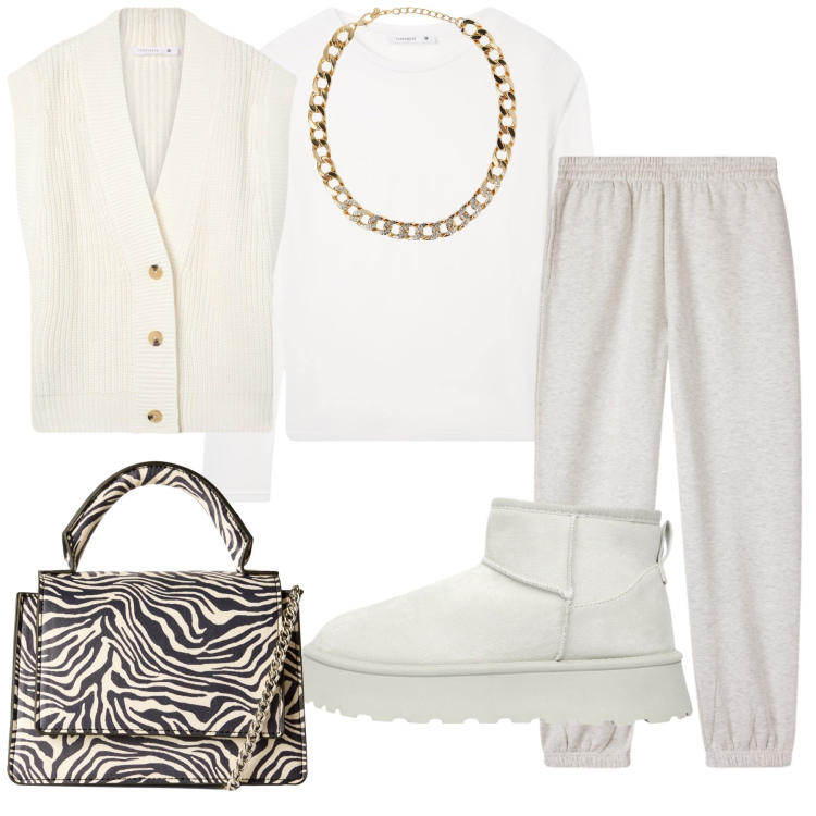 Outfit donna - White Terranova. Stile Trendy per Tutti i giorni. Abbinamento con pantaloni, collane, t-shirt, borse a tracolla, stivaletti, gilet.