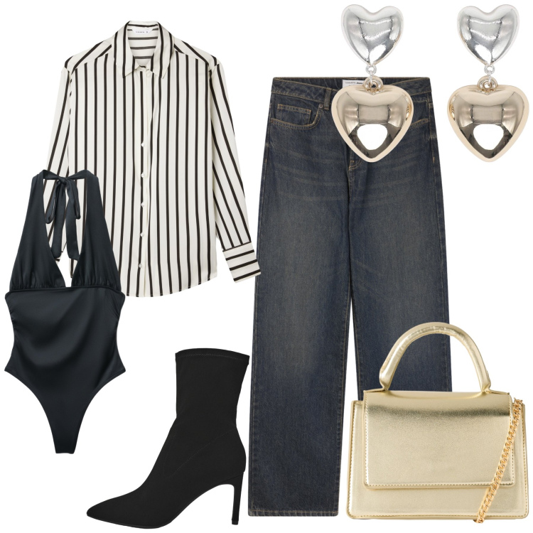 Outfit donna - Aperitivo Terranova con lui. Stile Glamour per Serata fuori. Abbinamento con orecchini, borse a tracolla, camicie, body, stivali, jeans dritti.