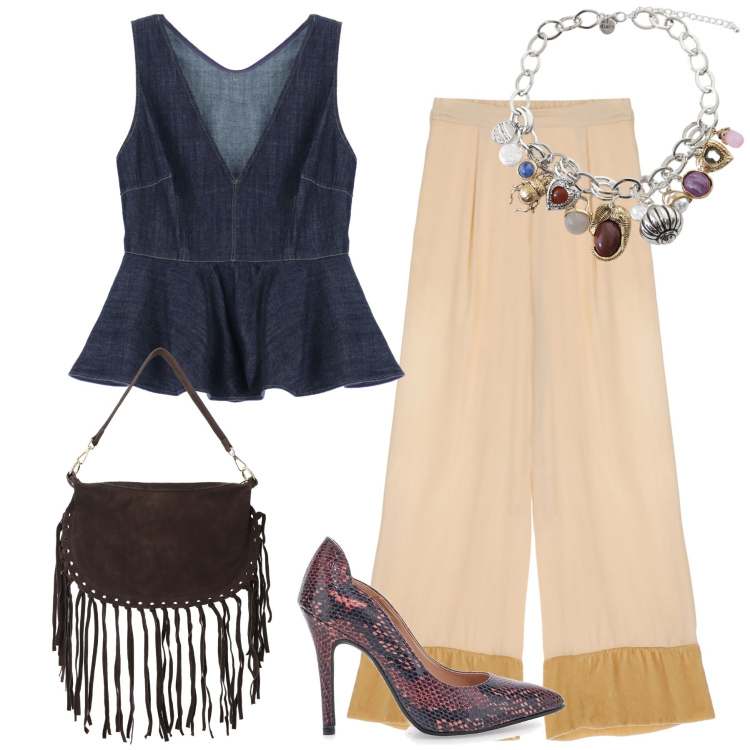 Outfit donna - Pump frange e balze. Stile Glamour per Serata fuori. Abbinamento con top, pantaloni a palazzo, borse a tracolla, braccialetti con ciondoli, décolleté.
