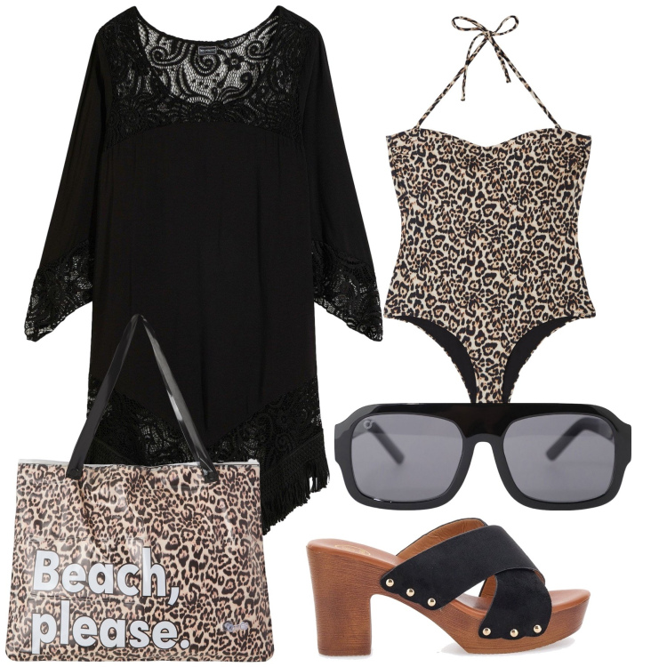 Outfit donna - Pizzo e animalier in spiaggia autunnale. Stile Glamour per Mare. Abbinamento con vestiti da spiaggia, costumi interi, borse tote, occhiali da sole, zoccoli.