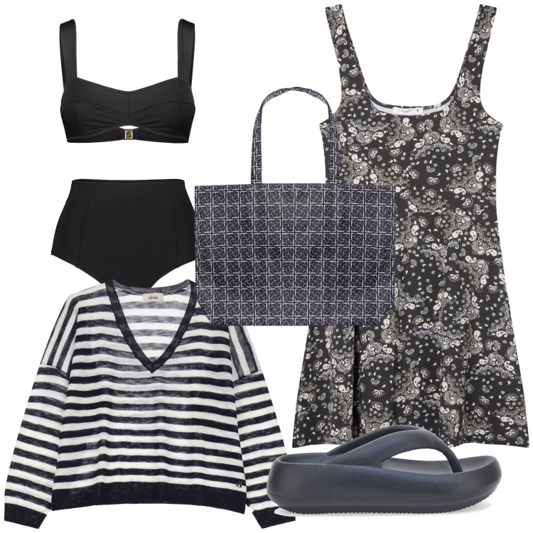 Outfit donna - L autunno al mare. Stile Trendy per Mare. Abbinamento con vestiti corti, maglieria, bikini, infradito, shopping bag.