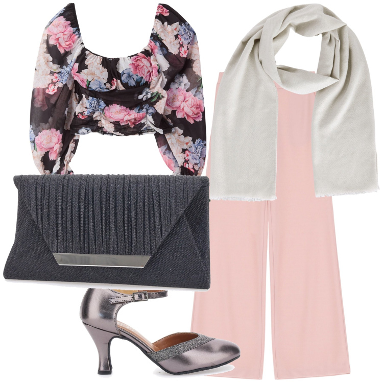 Outfit donna - Compleanno al ristorante. Stile Chic per Serata fuori. Abbinamento con bluse, foulard, pantaloni, pochette, décolleté.