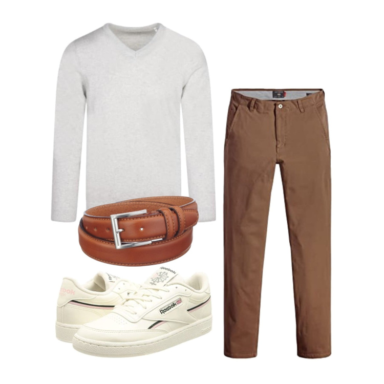Outfit homme - Septembre. Style Casual pour Bureau. Assortir avec pantalon skinny, pulls, ceintures, sneakers.