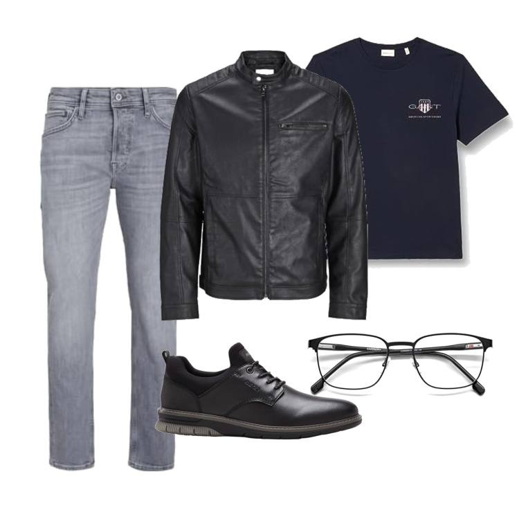 Outfit homme - Septembre. Style Tendance pour Tous les jours. Assortir avec chaussures à lacets, jeans, chemises à manches courtes, lunettes, vestes.