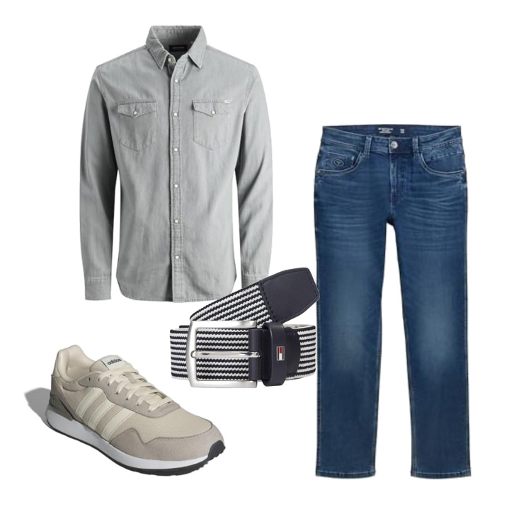 Outfit homme - Septembre. Style Casual pour Cérémonie. Assortir avec ceintures, chemisiers, jean coupe droite, sneakers.