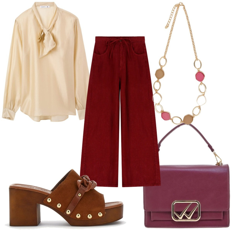 Outfit donna - 70s bordeaux. Stile 70s per Tutti i giorni. Abbinamento con bluse, pantaloni, zoccoli, borse a tracolla, collane.