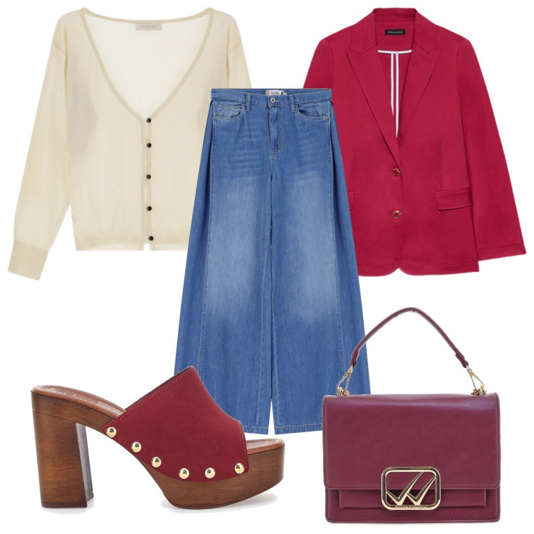 Outfit donna - Bordeaux mode: i sandali. Stile Trendy per Tutti i giorni. Abbinamento con jeans, cardigans, borse a tracolla, blazer, zoccoli.