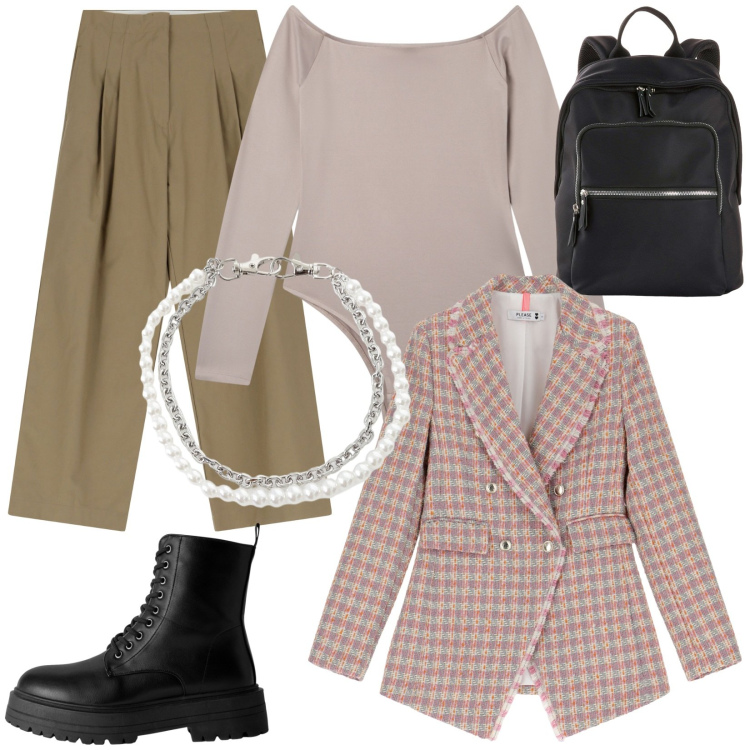 Outfit donna - Il ritorno del tartan. Stile Urban per Tutti i giorni. Abbinamento con zaini, anfibi, body, blazer, pantaloni, braccialetti.