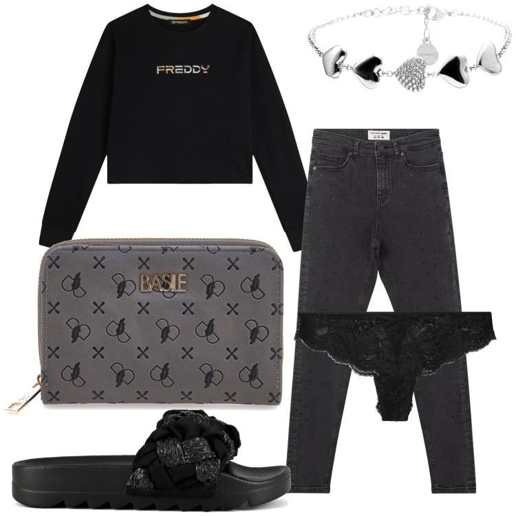 Outfit donna - Smartworking. Stile Basic per Ufficio. Abbinamento con jeans skinny, culotte, felpe, braccialetti, ciabatte, portafogli.