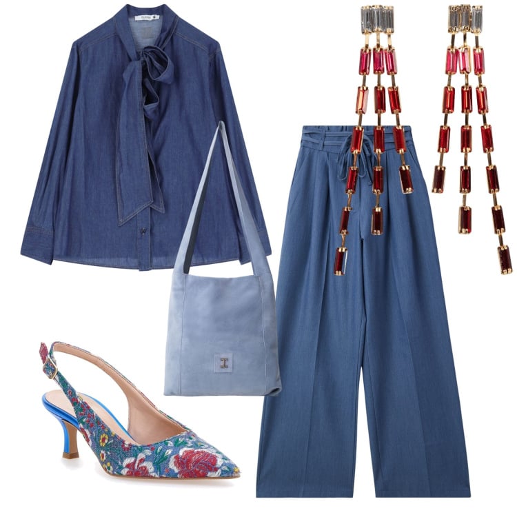 Outfit donna - Aperitivo dopo il lavoro. Stile Chic per Serata fuori. Abbinamento con orecchini, jeans, camicie, borse a tracolla, décolleté.