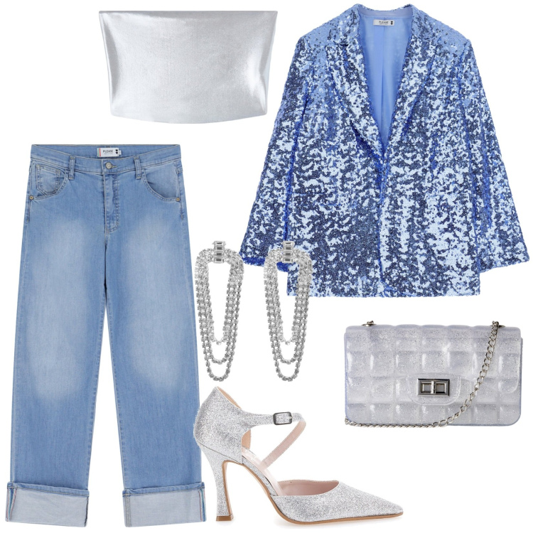 Outfit donna - Aggiungi brillantezza al tuo guardaroba. Stile Trendy per Serata fuori. Abbinamento con orecchini, top, borse a tracolla, blazer, jeans dritti, décolleté.