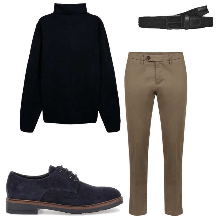 Outfit uomo - Autumn style. Stile Business/Elegante per Ufficio. Abbinamento con cinture, maglieria, pantaloni chino, scarpe stringate.