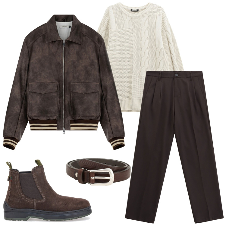 Outfit uomo - In città. Stile Urban per Tutti i giorni. Abbinamento con pantaloni, cinture, bomber, maglieria, stivali e stivaletti.