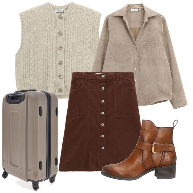 Outfit donna - Please viaggio. Stile Urban per Tutti i giorni. Abbinamento con gonne, gilet, camicie, stivaletti, valigie.