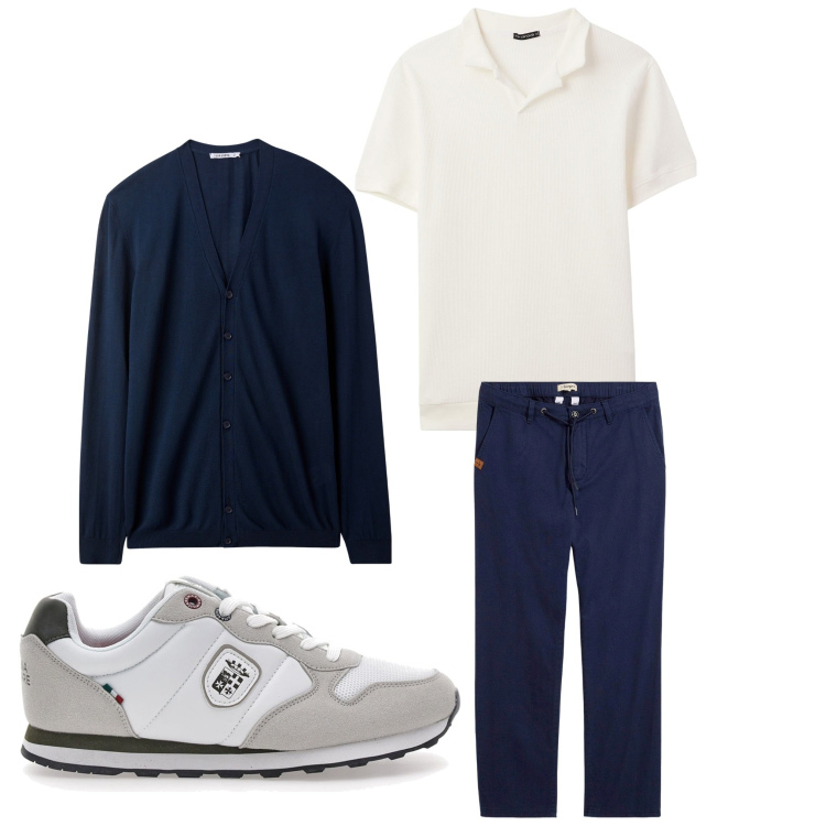 Outfit uomo - Bianco e blu. Stile Casual per Tutti i giorni. Abbinamento con pantaloni chino, polo, cardigans, sneakers.