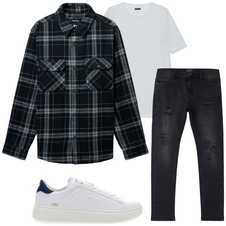 Outfit uomo - Con gli amici. Stile Casual per Serata speciale. Abbinamento con jeans strappati, cappotti, t-shirt, sneakers.