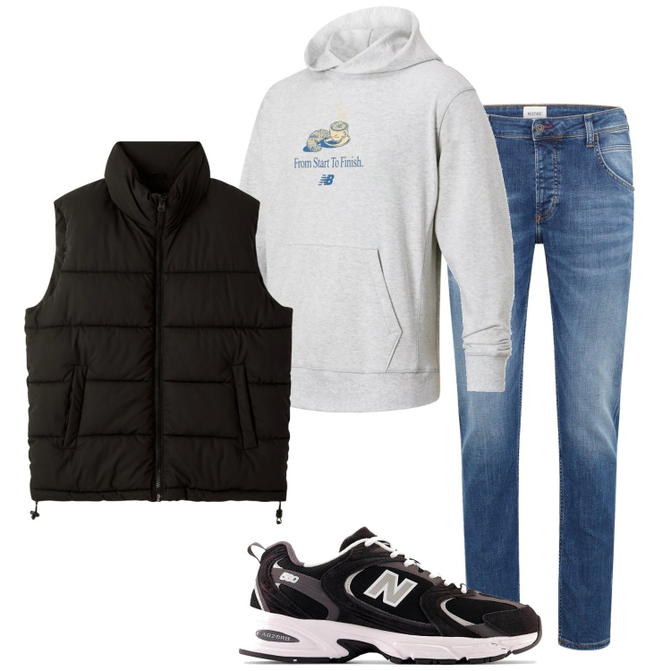 Outfit uomo - Sabato mattina. Stile Casual per Tutti i giorni. Abbinamento con jeans dritti, piumini, felpe con cappuccio, sneakers.
