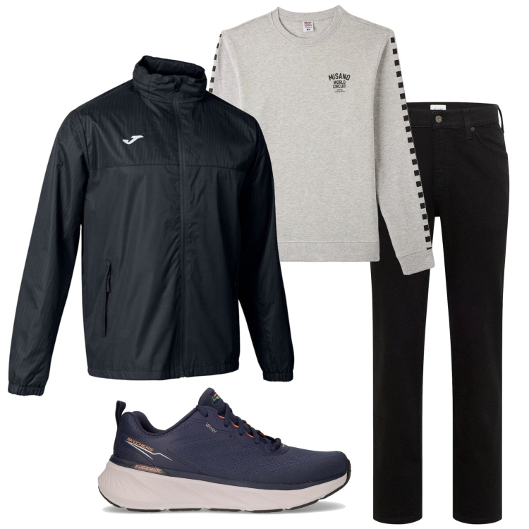 Outfit uomo - Mattina piovosa. Stile Casual per Tutti i giorni. Abbinamento con jeans dritti, felpe, giacche, sneakers.