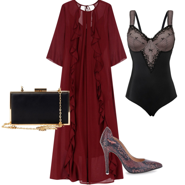 Outfit donna - Abito color vino. Stile Glamour per Cerimonia. Abbinamento con body, pochette, vestiti lunghi, décolleté.