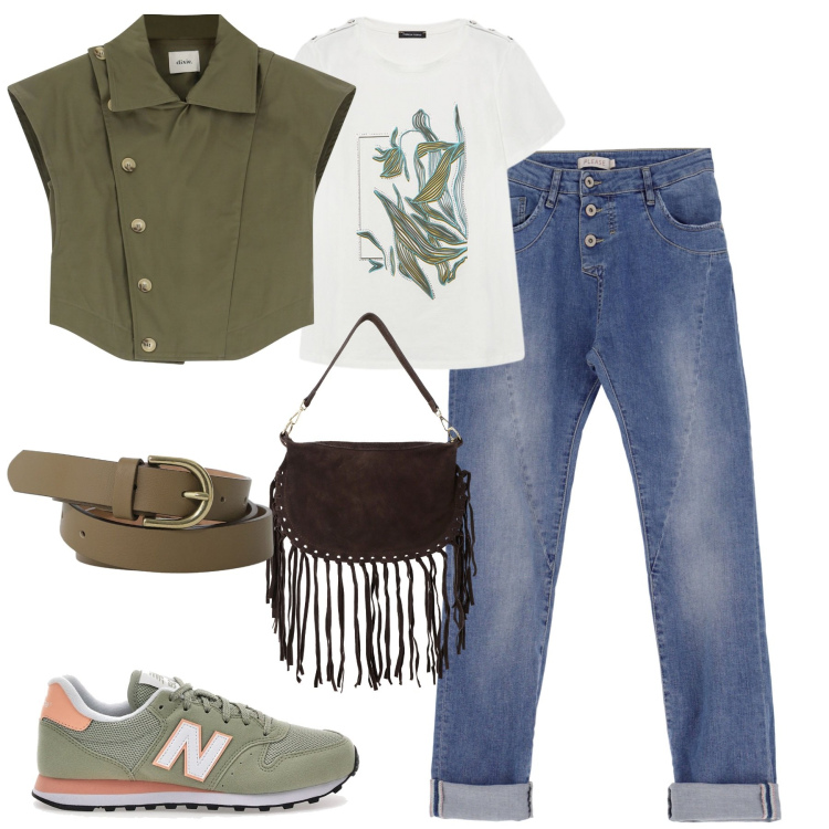 Outfit donna - City. Stile Casual chic per Tutti i giorni. Abbinamento con jeans slim fit, gilet, cinture, borse a tracolla, sneakers, t-shirt.