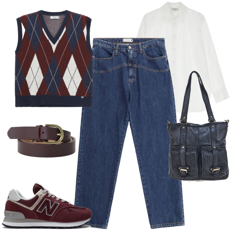 Outfit donna - Settembre. Stile Casual chic per Tutti i giorni. Abbinamento con sneakers, gilet, jeans, camicie, cinture, borse a spalla.