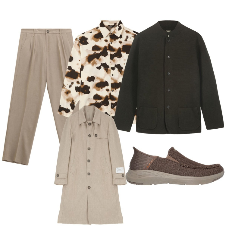 Outfit uomo - In questi giorni trench indispensabile. Stile Trendy per Ufficio. Abbinamento con camicie, trench, pantaloni, sneakers, giacche.