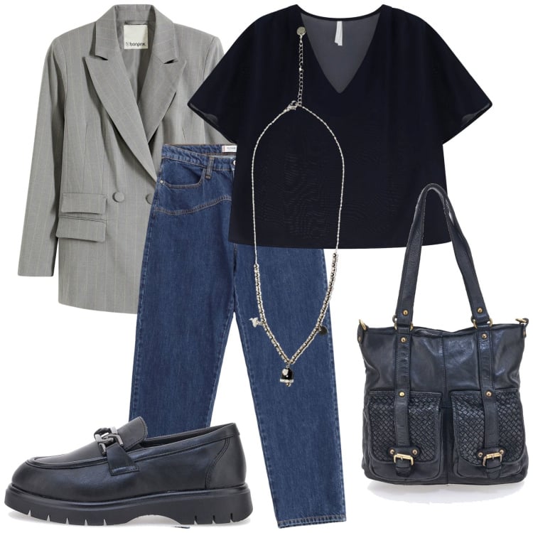 Outfit donna - Total look #2245216. Stile Casual chic per Tutti i giorni. Abbinamento con blazer, jeans, bluse, ciondoli, mocassini, borse a spalla.