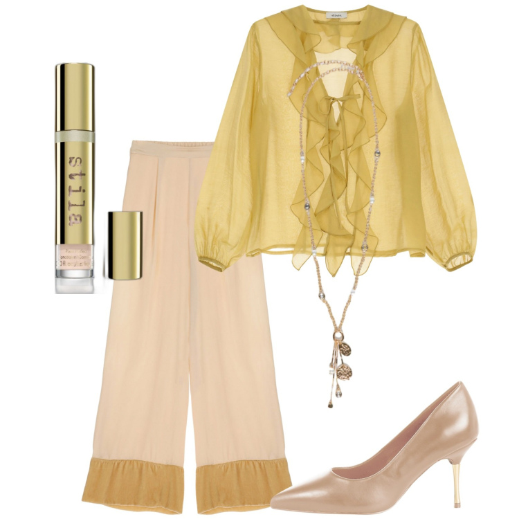 Outfit donna - Total look #2245218. Stile Glamour per Cerimonia. Abbinamento con correttori, décolleté, camicie, pantaloni a palazzo, ciondoli.