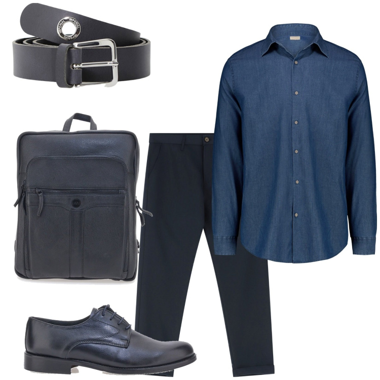 Outfit uomo - In agenzia. Stile Business/Elegante per Ufficio. Abbinamento con pantaloni chino, cinture, scarpe stringate, camicie, borse sportive.