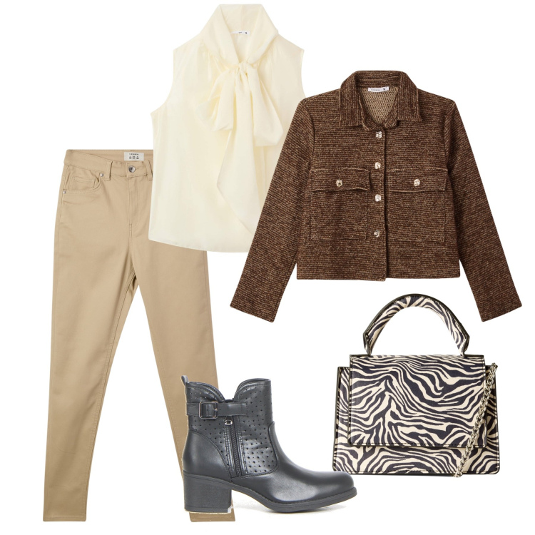 Outfit donna - Autunno. Stile Glamour per Ufficio. Abbinamento con pantaloni skinny, bluse, borse a tracolla, blazer, stivaletti.