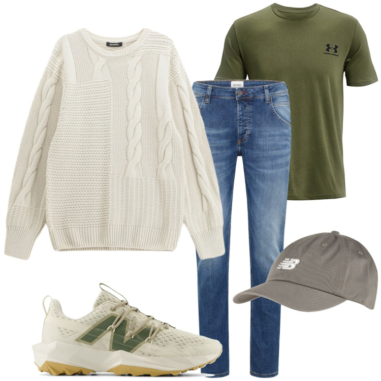 Outfit uomo - Settembre di sera. Stile Casual per Tutti i giorni. Abbinamento con jeans dritti, sneakers, cappelli con visiera, maglieria, t-shirt sportive.