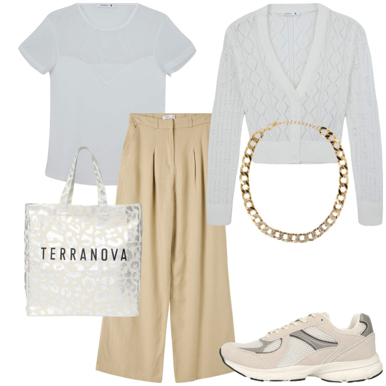 Outfit donna - Verso l\'autunno in casual chic. Stile Casual chic per Tutti i giorni. Abbinamento con pantaloni, cardigans, collane, t-shirt, borse tote, sneakers.