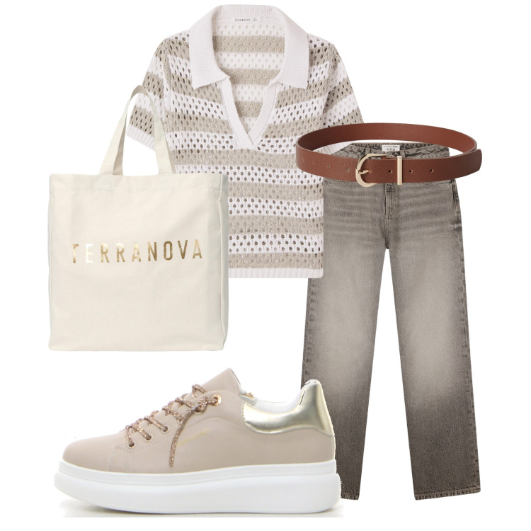 Outfit donna - Total look #2245227. Stile Sporty chic per Tutti i giorni. Abbinamento con t-shirt, cinture, borse tote, jeans dritti, sneakers.