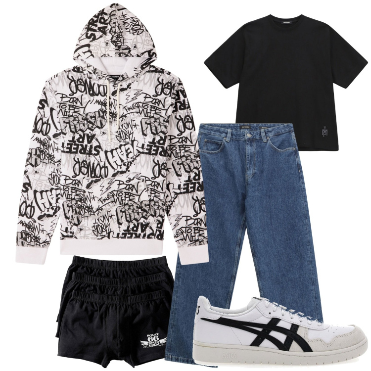 Outfit uomo - Graffiti. Stile Urban per Tutti i giorni. Abbinamento con boxer, felpe con cappuccio, t-shirt, jeans, sneakers.