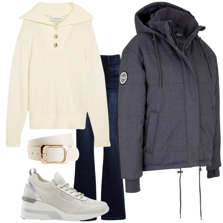 Outfit donna - Outdoor. Stile Urban per Tutti i giorni. Abbinamento con giacche, sneakers, maglieria, jeans bootcut, cinture.