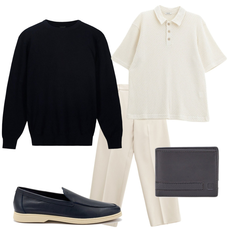 Outfit uomo - Dall\'ufficio al baretto. Stile Trendy per Tutti i giorni. Abbinamento con polo, pantaloni, portafogli, maglieria, scarpe stringate.