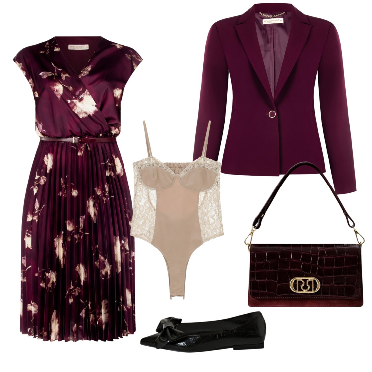 Outfit donna - Bordeaux Mood. Stile Chic per Serata fuori. Abbinamento con vestiti midi/longuette, blazer, ballerine, borse a mano, body.