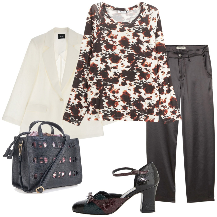Outfit donna - In ufficio. Stile Casual chic per Ufficio. Abbinamento con pantaloni, maglieria, décolleté, blazer, borse a mano.